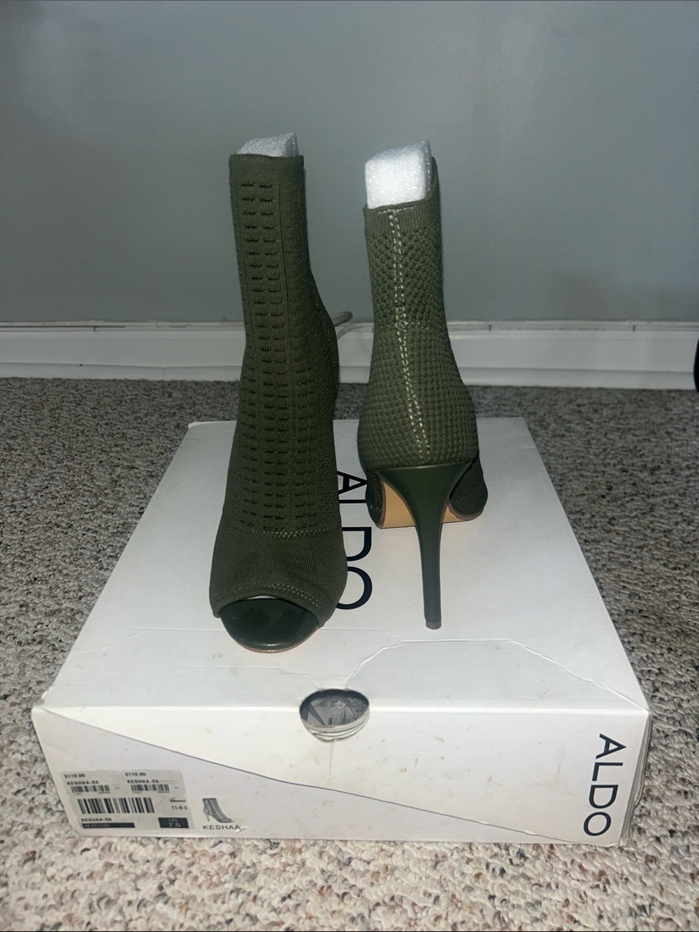ALDO KESHAA olive Green Knit Peep-Toe Stiletto Sock Boots